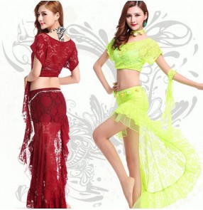Neon green hot pink fuchsia coral violet wine red black  lace white orange sexy professional competition performance women's ladies female belly dance dresses set outfits